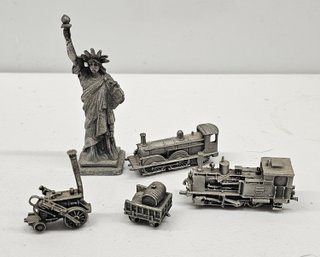 Vintage Pewter Figurine Collection Including Trains And Lady Liberty