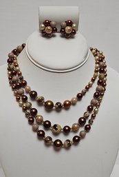 Midcentury Beaded Necklace And Clip Earrings