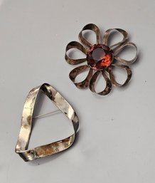 Large Sterling Silver Vintage Floral And Abstract Brooches