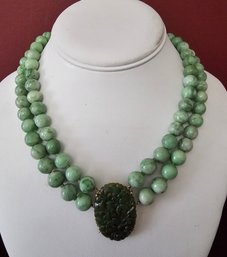 Jadeite Bead Necklace Adorned With Jadeite Carved Center Pendant