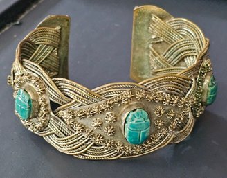 Vintage Ornate Cuff Bracelet With Turquoise Carved Scarabs