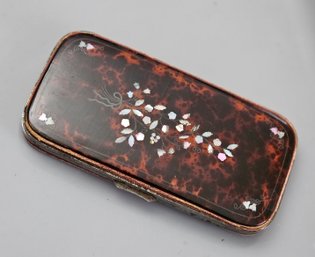 Antique French Pique Worked Tortoiseshell With Mother Of Pearl Inlay Cigar Or Spectacles Case