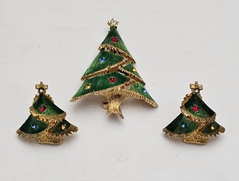 Vintage Gold Tone Enameled Christmas Tree Brooch And Matching Earrings