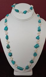 Natural Turquoise And Pearl Necklace And Bracelet Set