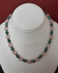 Pink Quartz And Turquoise Beaded Necklace 17'