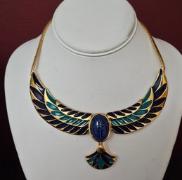 Vintage FM87 Signed The Franklin Mint Egyptian Revival Collar Necklace With Stone Carved Scarab