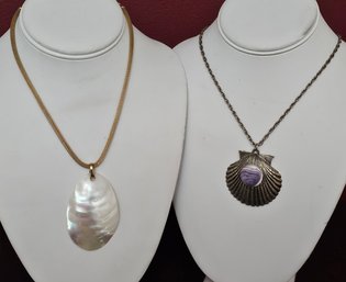 Mother Of Pearl Pendant On Goldtone Chain And Pewter Shell Necklace