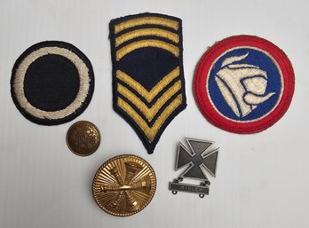 Vintage Military Patches, Button, Pins Including Sterling Rifle Pinback
