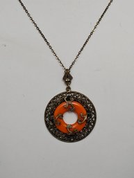 Chinese Necklace With Prong Set Coral Ring Early 20th Century