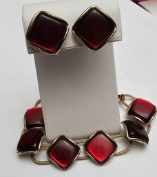 Midcentury Ruby Red Glass Earrings And Bracelet