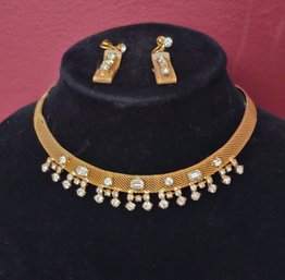Vintage Gold Mesh And Rhinestone Choker And Matching Earrings GLAM PERFECTION