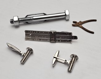AHHHH THE WRENCH AND RULER MOVE Vintage Screw Cufflinks And Tie Tacks, Wrence Charm, Ruler Tie Tack