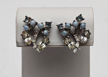 Vintage Marvella Signed Screwback Rhinestone And Blue Earrings