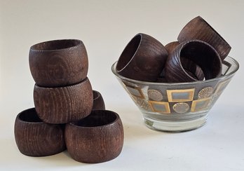 Midcentury Small Bowl Dip Dish And Wooden Napkin Rings