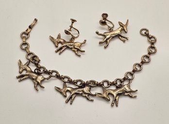 Vintage Burro Donkey Mule Charm Bracelet And Screwback Earrings