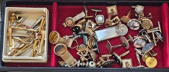 Collection Of Vintage Cufflinks, Tie Clips And Tacks, Buffalo Nickel Money Clip Including Advertising