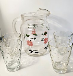 Vintage Glass Floral Pitcher And 4 Small Bubble Glasses