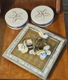 More Beach Time Sand Dollar Coasters, Shell Napkin Rings, Inlaid MOP Trivet