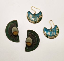 Vintage Copper And Cabochon And Enameled Pierced Earrings