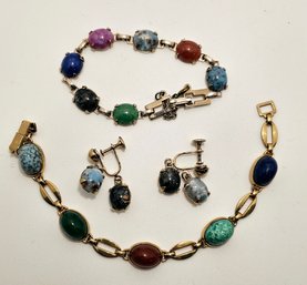 Stone Cabochon Bracelets Including Gold Filled And Screwback Earrings