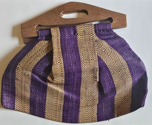 Vintage Liberian Woven Raffia Bag With Wooden Handles