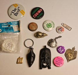 Vintage Smalls Including Pins, Brass Rat, Keychains, And More