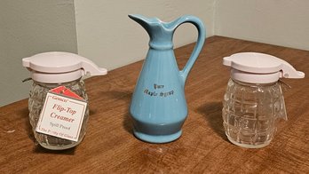 Vintage Ceramic Maple Syrup Pitcher And Gemco Glass Flip Top Creamer Servers