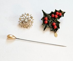 Vintage Brooches Including Holly And Hat Pin