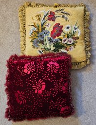 Like New Red Velvet Pillow And Embroidered Floral
