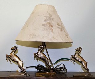 Midcentury Modern Brass Gazelles Lamp And Matching Bookends