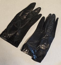1950s Italian Made Leather And Silk Black Gloves Small