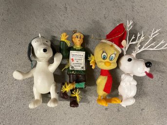 1977 Flocked Tweety, Snoopy And The Scarecrow Ornaments