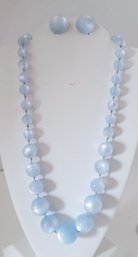 Ice Ice Ice Baby! Vintage 50s Hand Knotted Ice Blue Glass Moonglow Beaded Demi-Parure Jewelry Set Gorgeous!