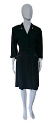 AMAZING 1940s Rayon Crepe Belted Black Dress With Rhinestone Accents S