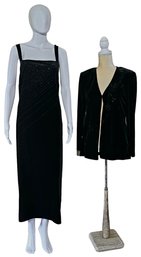 80s Glam To The Max! Form Fitting Velvet Sequin Beaded Dress And Velvet Cardigan