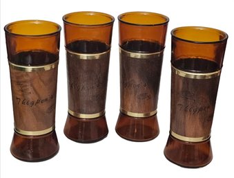 Midcentury Modern Amber Glass And Wood Glasses