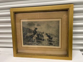 Antique Signed Bonheur Print In Gold Frame With Bead Detail