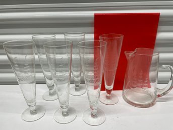 Set Of 6 Etched Ship Pilsner Glasses & Matching Pitcher