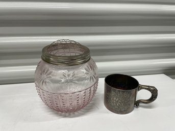 Cute Pink Flower Frog Jar & Wilcox Silverplate Engraved Fallkill Lodge Anniversary Gift