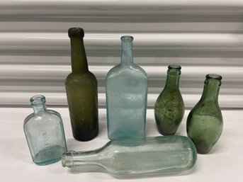 Vintage Blue & Green Glass Bottles Incl. Round Bottom Soda