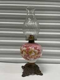 Eagle Floral Glass Belly Oil Lamp With Interesting Chimney