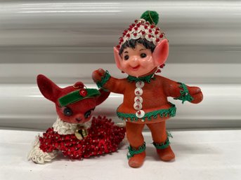 Vintage Flocked & Beaded Elf & Reindeer