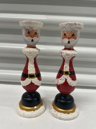 Adorable Pair Of Hand Painted Santa Candlesticks