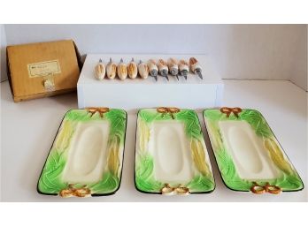 BBQ In Style! Vintage 50s Porcelain Corn Cob Holders And Plates SHIPPING EXTRA