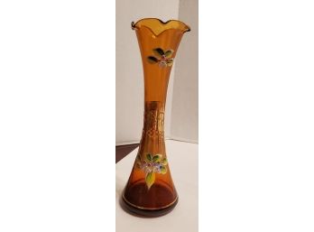 Vintage Hand Painted Amber Bohemian Czech Art Glass Enamel Gilt Ruffled Bud Vase. SHIPPING EXTRA
