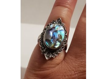 Gorgeous! Vintage Sterling Silver Abalone And Marcasite Ring