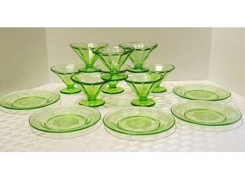 Gorgeous Green Depression Glass Plates And Sundae Cups SHIPPING EXTRA
