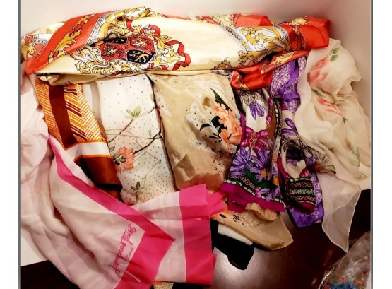 Vintage Silk And Polyester Scarf Collection Including Oscar De La Renta And Jacques Fath