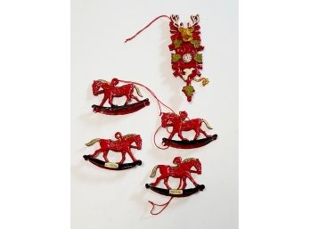Vintage Cast Iron Rocking Horse And Clock Ornaments
