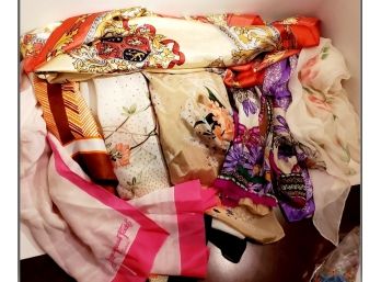 Vintage Silk And Polyester Scarf Collection Including Oscar De La Renta And Jacques Fath